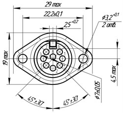Чертёж с размерами розетка DIN 8 Pin (ОНЦ-ВГ-5-8/16-Р-М) (DIN 45326, ГОСТ), "мама" / "гнездо", на корпус