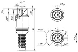 Чертёж с размерами, разъём DIN 8 Pin (ОНЦ-ВГ-5-8/16-В) (DIN 45326, ГОСТ 23784), "вилка" , на кабель, под пайку